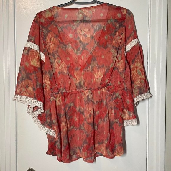 Free People Red and Orange Lace Trim Top - Picture 3 of 4
